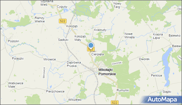 mapa Cierpięta, Cierpięta gmina Mikołajki Pomorskie na mapie Targeo